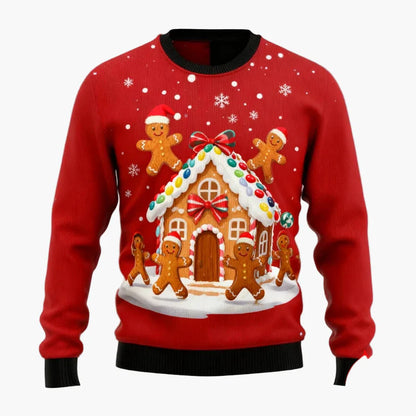 Herr Jultröja Ugly Christmas Sweater med Pepparkaksgubbar, Julgran och Renmotiv – Perfekt för Fest och Julfester