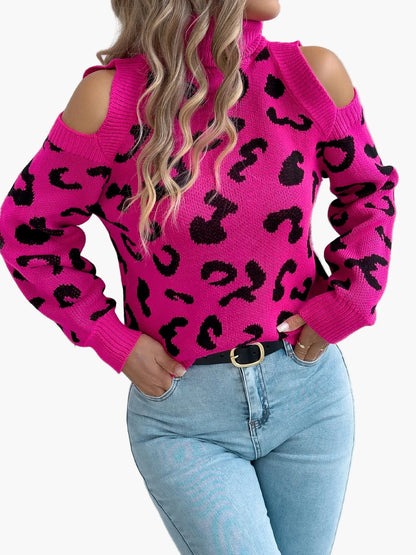 Damtröja med trendigt leopardmönster och kalla axlar – Perfekt för vardag och fest