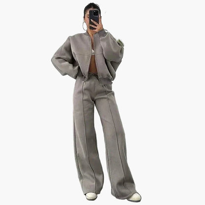 Damers Loungewear Set med Vid Passform – Avslappnad Träningsdräkt med Dragkedja och Vida Byxor