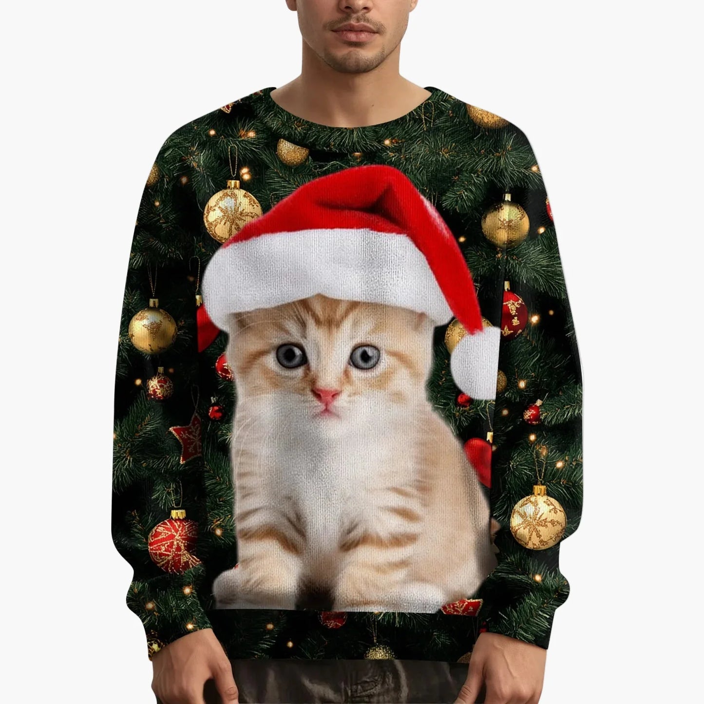 Herr jultröja med kattmotiv och festligt mönster – Perfekt för julfester och mysiga vinterdagar
