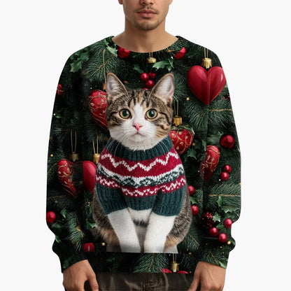 Herr jultröja med kattmotiv och festligt mönster – Perfekt för julfester och mysiga vinterdagar