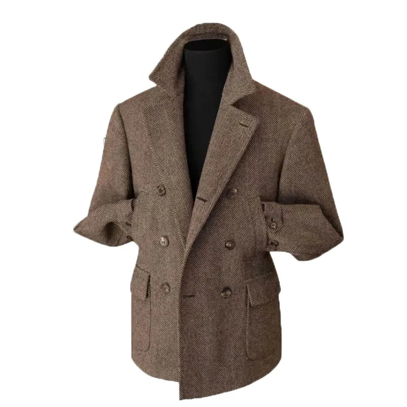 Herr Dubbelknäppt Kavaj – Klassisk Herringbone Vintage Blazer för Fest och Vardag