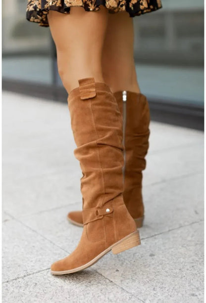 Dam Retro Knähöga Boots Lågklackade – Stilrena Höst- och Vinterstövlar