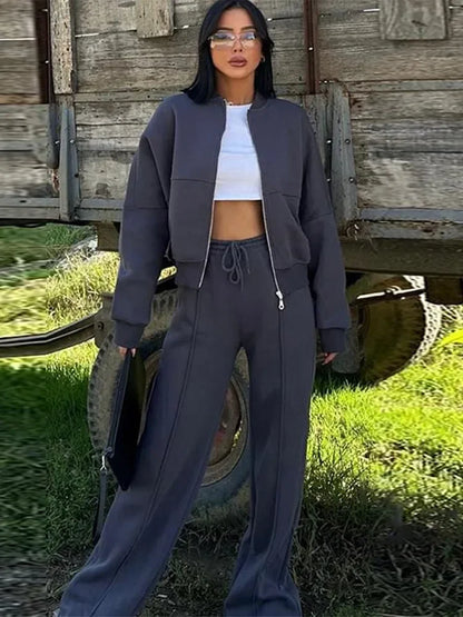Damers Loungewear Set med Vid Passform – Avslappnad Träningsdräkt med Dragkedja och Vida Byxor