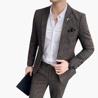 Herr Kostym Business Slim Fit Rutig – Elegant Tvådelad Kostym för Kontor och Fest