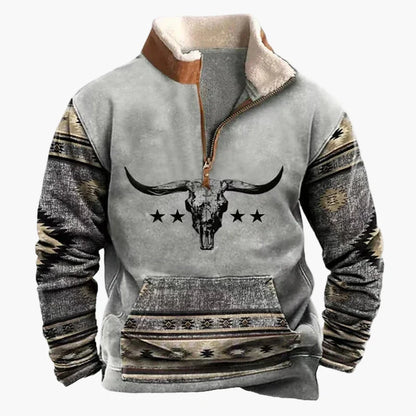 Herrar Western Fleece Pullover – Etno Mönstrad Tröja med Kvartdragkedja och Buffelmotiv