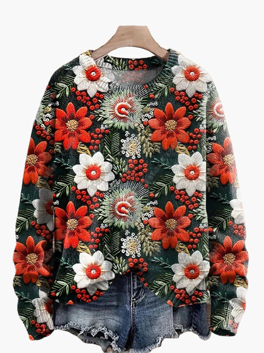 Damtröja julig mönster stickad med broderade motiv – perfekt för vinter och fest