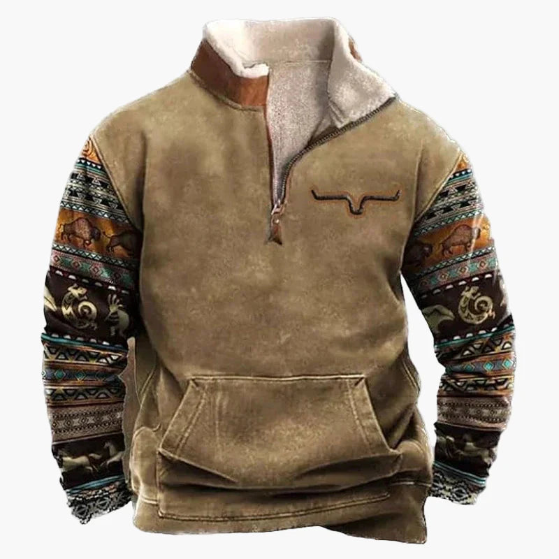 Herrar Western Fleece Pullover – Etno Mönstrad Tröja med Kvartdragkedja och Buffelmotiv
