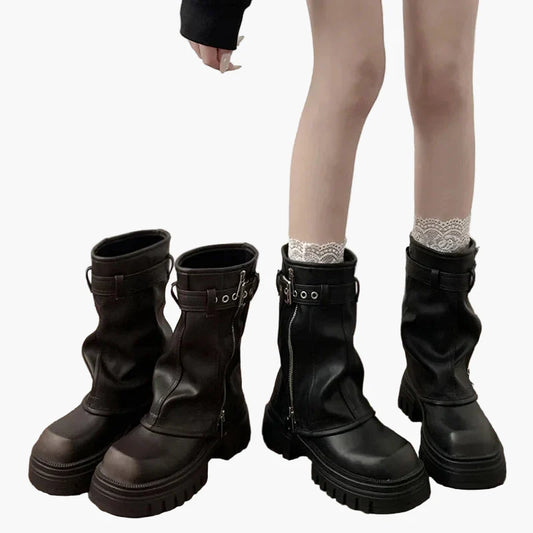 Damers chunky plattform boots med dragkedja och bälte – trendiga höst- och vinterkängor