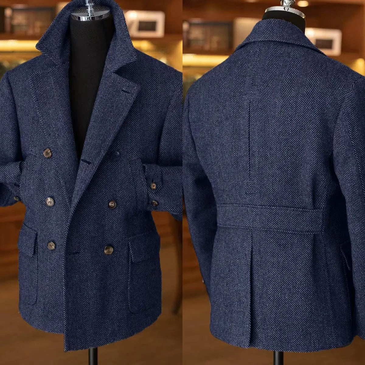 Herr Dubbelknäppt Kavaj – Klassisk Herringbone Vintage Blazer för Fest och Vardag