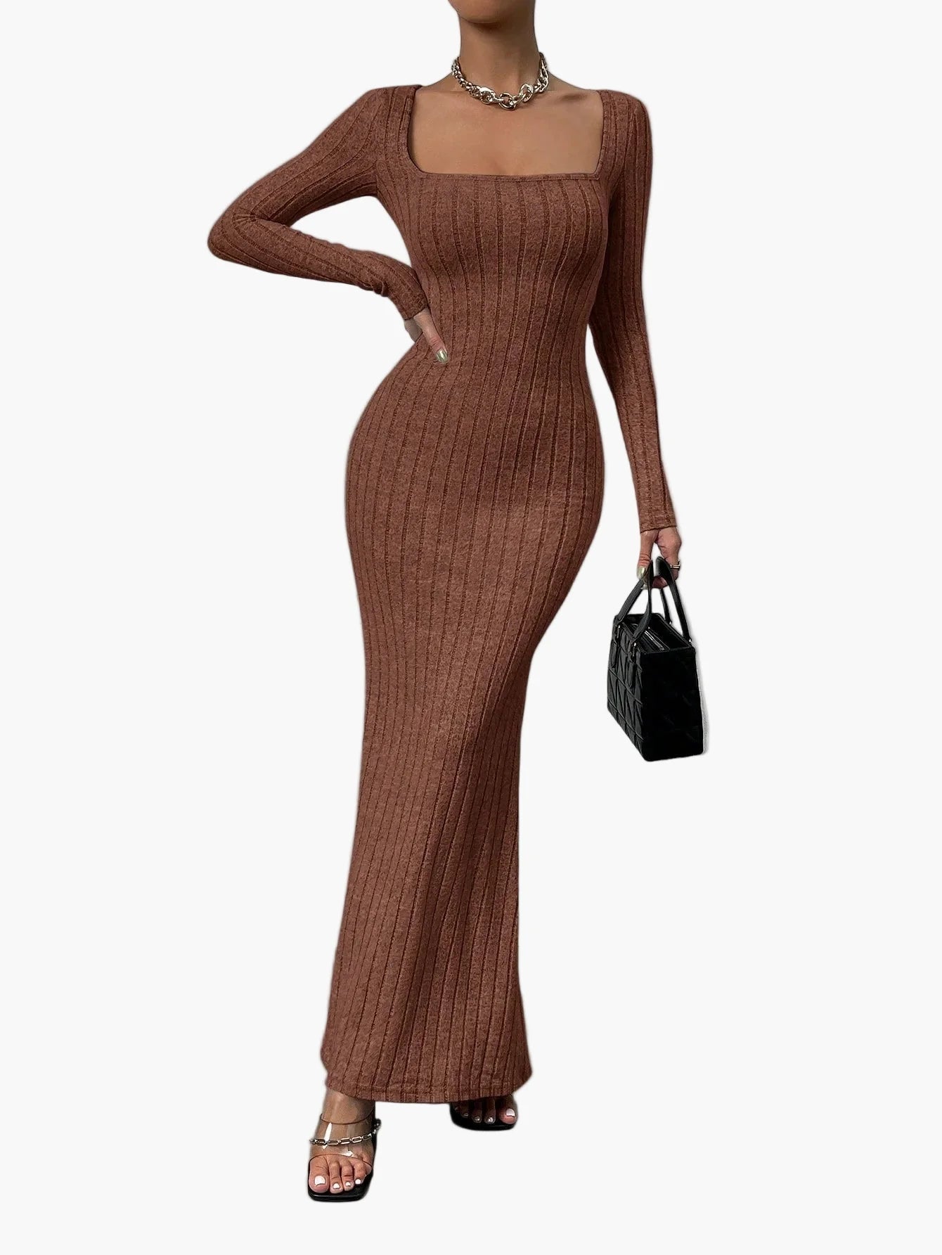 Damers stickad långärmad bodycon maxiklänning – elegant vardagsklänning