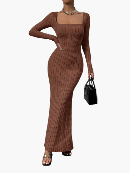 Damers stickad långärmad bodycon maxiklänning – elegant vardagsklänning