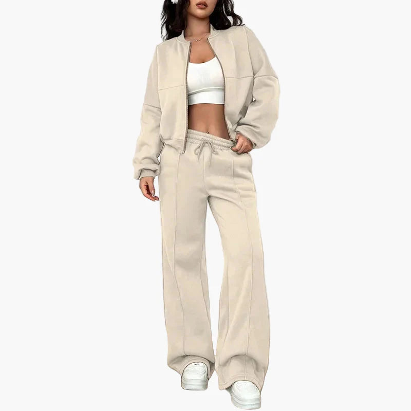 Damers Loungewear Set med Vid Passform – Avslappnad Träningsdräkt med Dragkedja och Vida Byxor