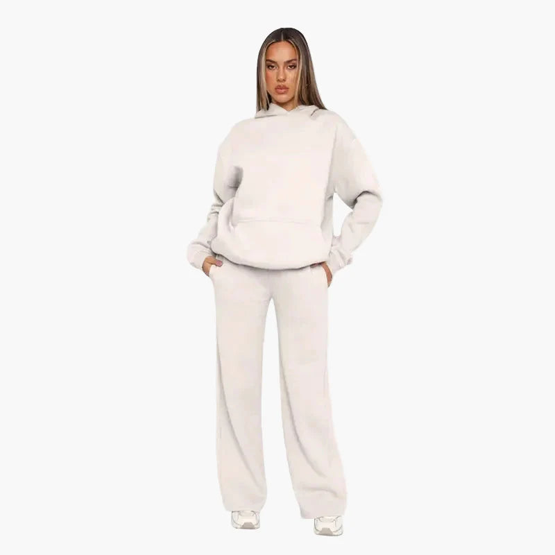 Damset med Hoodie och Vida Byxor – Avslappnad och Trendig Vardagsoutfit