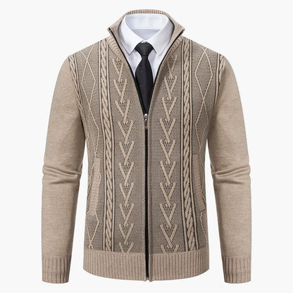 Herrstickad zip-tröja – elegant kabelmönstrad cardigan för vardag och kontor