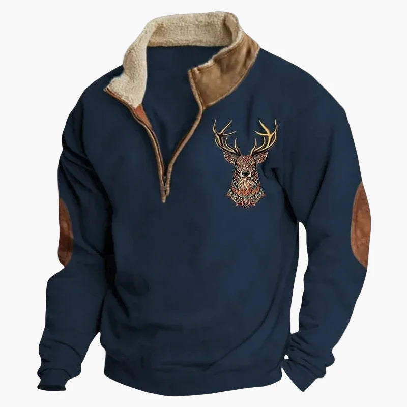 Herrar Western Fleece Pullover – Etno Mönstrad Tröja med Kvartdragkedja och Buffelmotiv