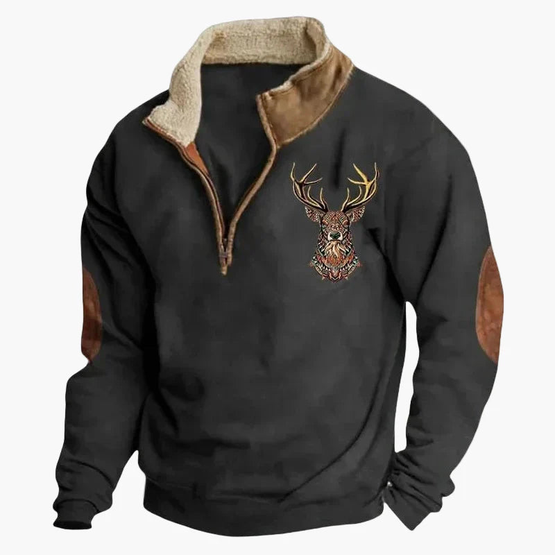 Herrar Western Fleece Pullover – Etno Mönstrad Tröja med Kvartdragkedja och Buffelmotiv