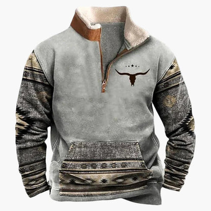 Herrar Western Fleece Pullover – Etno Mönstrad Tröja med Kvartdragkedja och Buffelmotiv