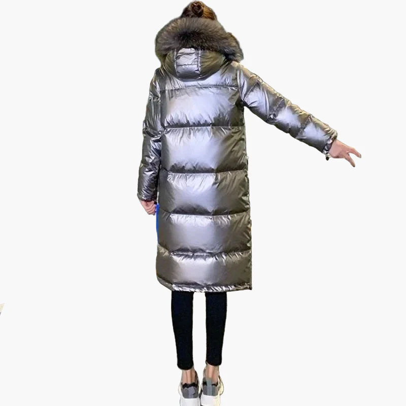 Dam Vinterjacka Lång Puffer Med Stor Pälsluva – Elegant Värmande Kappa För Kalla Dagar