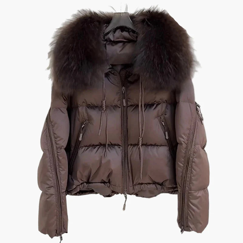 Damjacka Vinter Puffer med Stilig Pälsdetalj och Modern Design