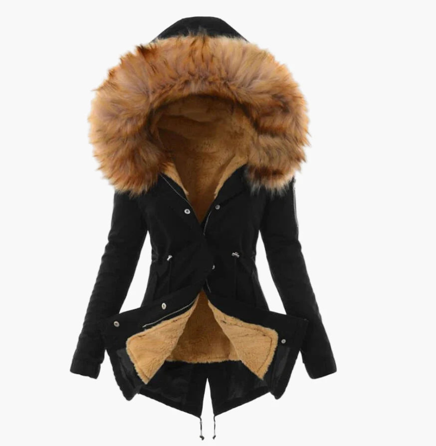 Dam Vinterjacka med Fuskpäls Fodrad Kapuschong – Elegant Varm Parkas för Kallt Väder