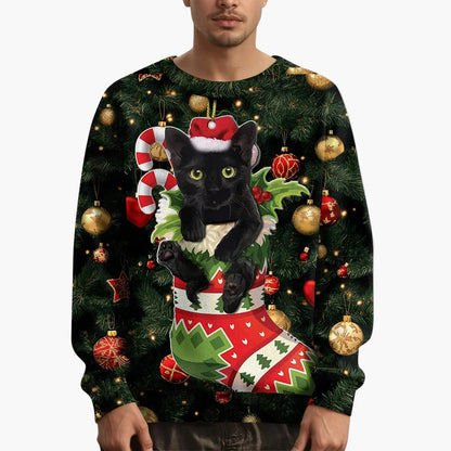 Herr jultröja med kattmotiv och festligt mönster – Perfekt för julfester och mysiga vinterdagar