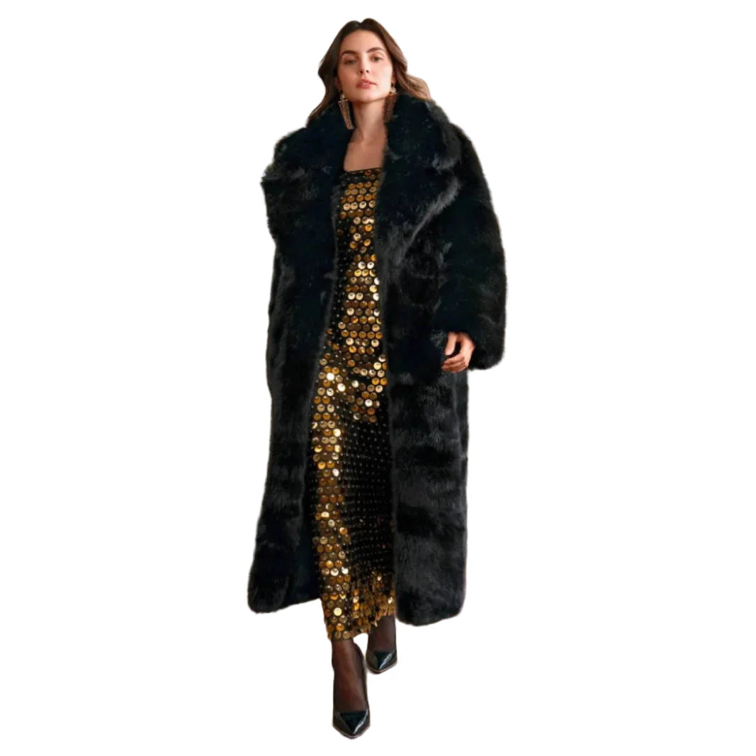 Dam lång lyxig vinterkappa – elegant oversized pälslook för kallare dagar