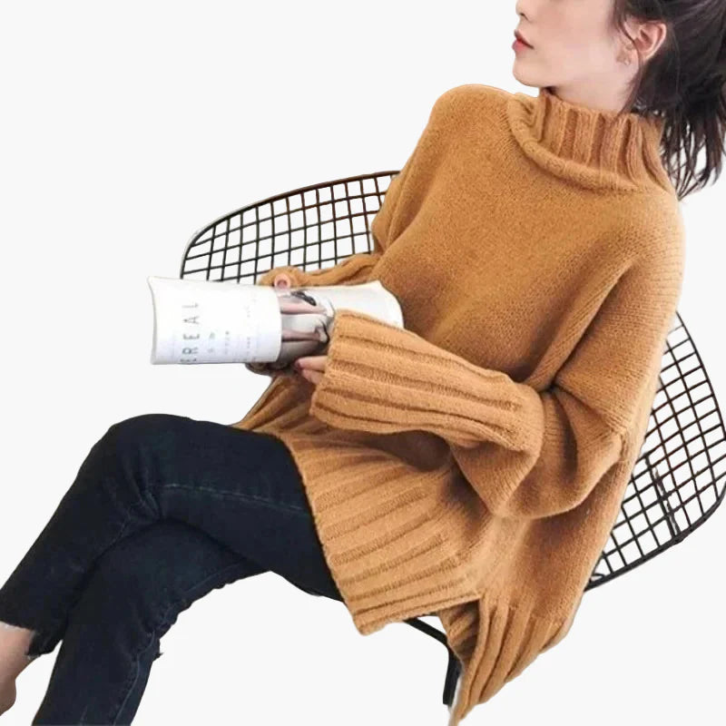 Damstickad oversize tröja med hög krage – koreansk stil för höst och vinter