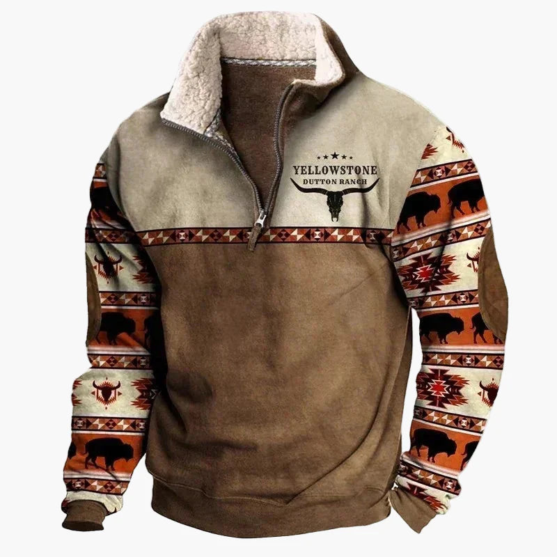 Herrar Western Fleece Pullover – Etno Mönstrad Tröja med Kvartdragkedja och Buffelmotiv
