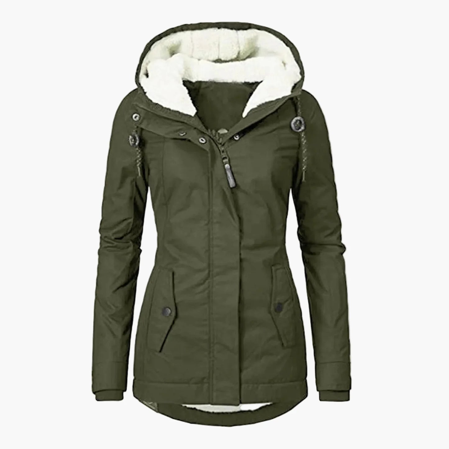 Damjacka med huva och varm foder – elegant vardagsjacka för höst och vinter