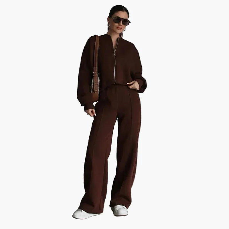 Damers Loungewear Set med Vid Passform – Avslappnad Träningsdräkt med Dragkedja och Vida Byxor
