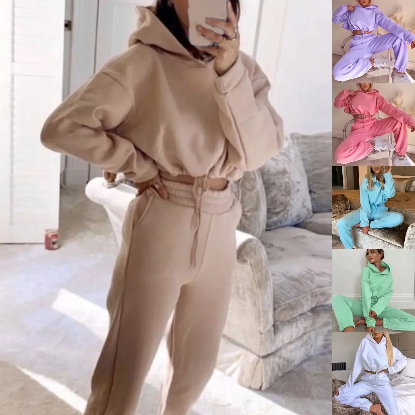 Dam Lounge-set med Kort Hoodie och Joggingbyxor – Trendig Vardagsstil och Mys