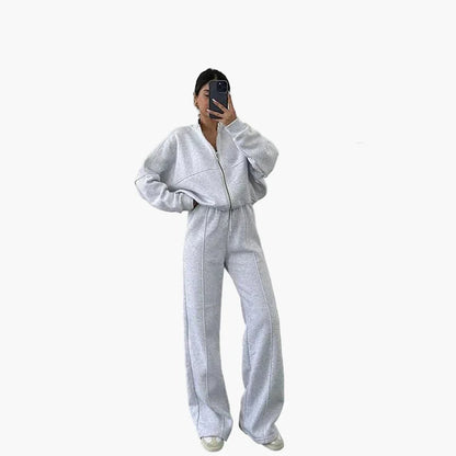 Damers Loungewear Set med Vid Passform – Avslappnad Träningsdräkt med Dragkedja och Vida Byxor