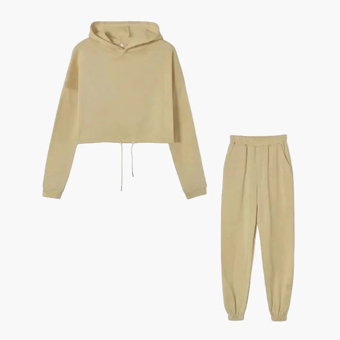 Dam Lounge-set med Kort Hoodie och Joggingbyxor – Trendig Vardagsstil och Mys