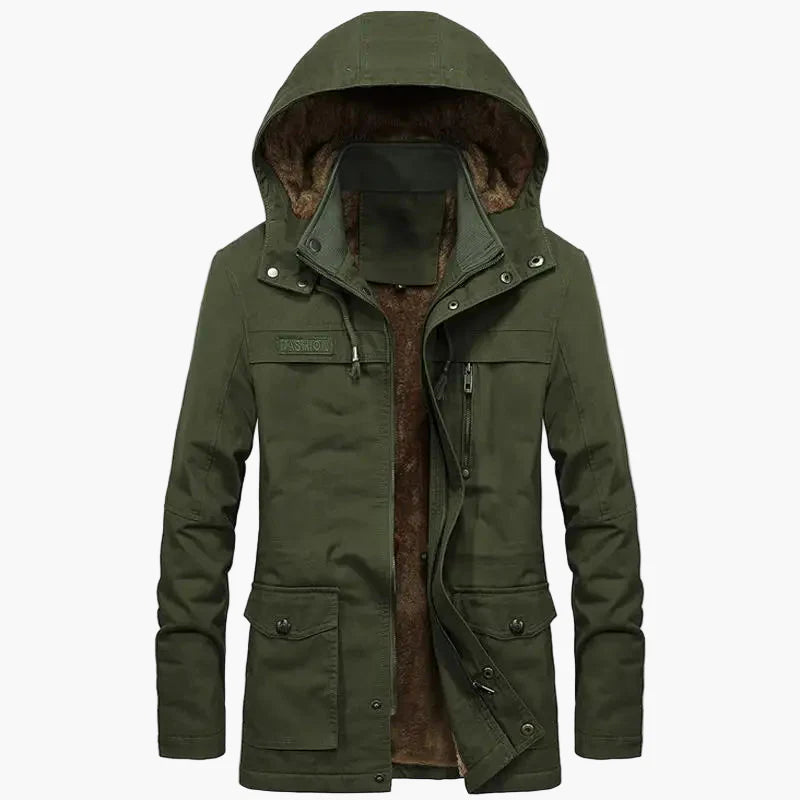 Herrjacka med huva och varm foder – Modern parkas för vinter och höst