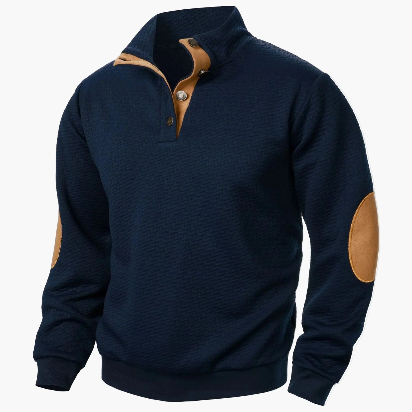 Herrens stickad pullover med trendig halvknäppning och förstärkta armbågar – perfekt för vardag och fritid