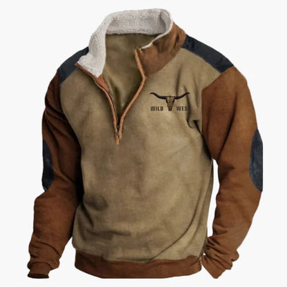 Herrar Western Fleece Pullover – Etno Mönstrad Tröja med Kvartdragkedja och Buffelmotiv
