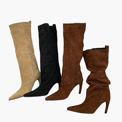 Dam Stövlar med Hög Klack och Spetsig Tå – Trendiga Knähöga Boots för Mode och Fest