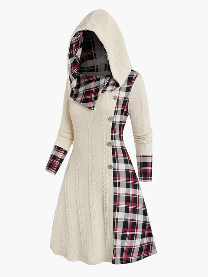 Damklänning med huva och knappdetaljer – Vintage stickad klänning med rutigt mönster, perfekt för höst och vinter