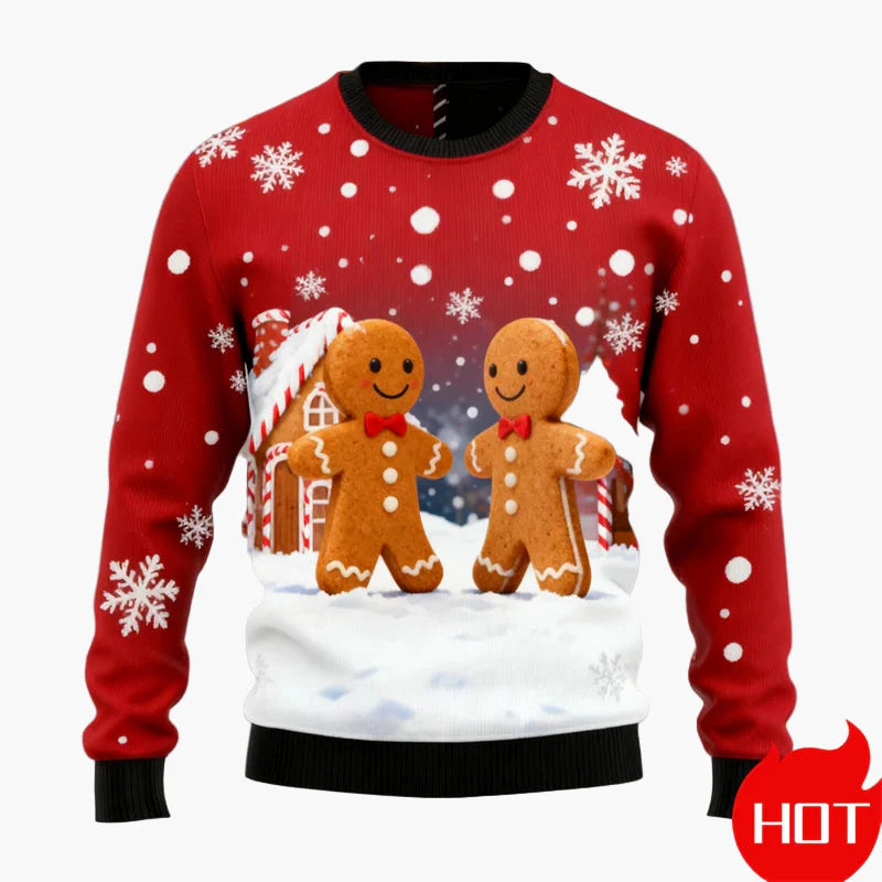 Herr Jultröja Ugly Christmas Sweater med Pepparkaksgubbar, Julgran och Renmotiv – Perfekt för Fest och Julfester