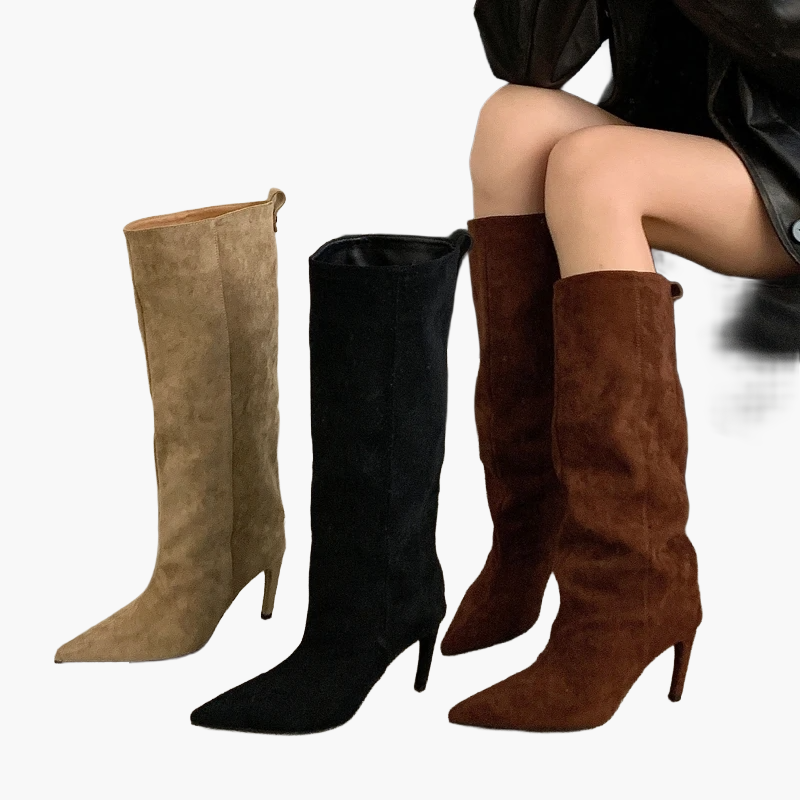Dam Stövlar med Hög Klack och Spetsig Tå – Trendiga Knähöga Boots för Mode och Fest