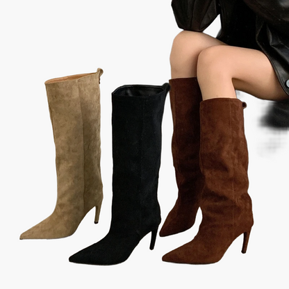 Dam Stövlar med Hög Klack och Spetsig Tå – Trendiga Knähöga Boots för Mode och Fest