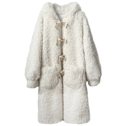 Dam Vinter Oversize Lång Fuskpäls Kappa med Toggle-Stängning och Fickor