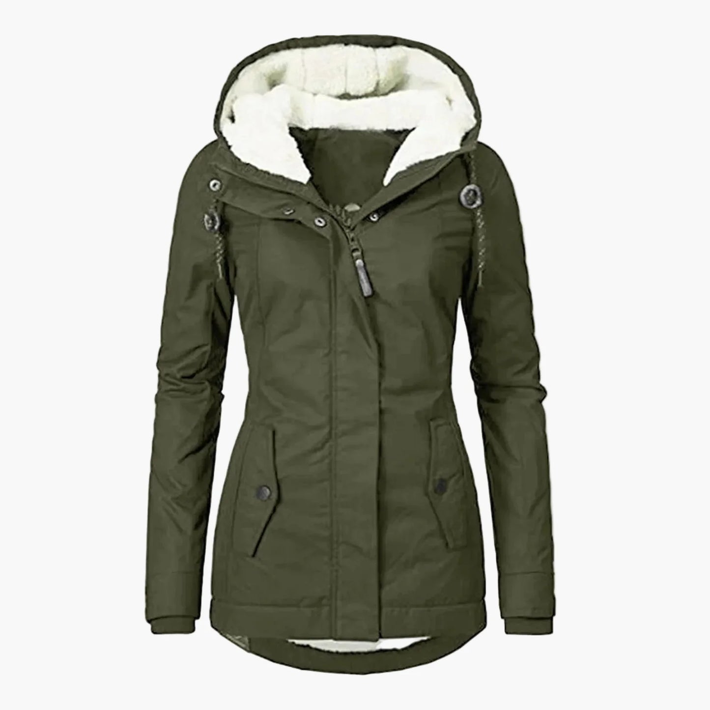 Damjacka med huva och varm foder – elegant vardagsjacka för höst och vinter
