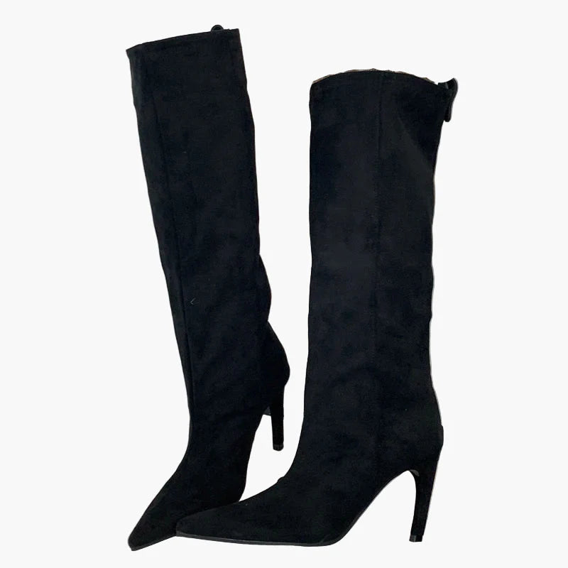Dam Stövlar med Hög Klack och Spetsig Tå – Trendiga Knähöga Boots för Mode och Fest