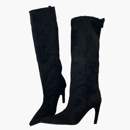 Dam Stövlar med Hög Klack och Spetsig Tå – Trendiga Knähöga Boots för Mode och Fest
