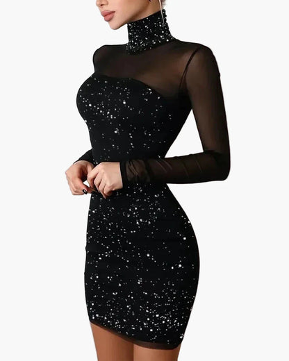 Dam Klänning Elegant Bodycon Med Hög Hals Och Mesh Ärmar – Perfekt För Fest & Kväll