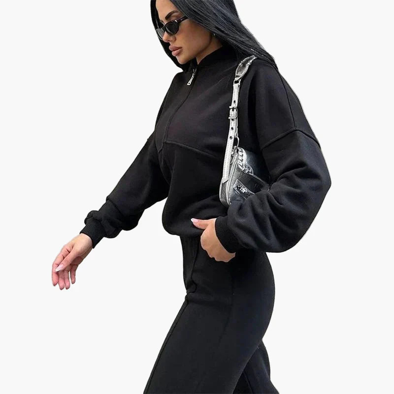 Damers Loungewear Set med Vid Passform – Avslappnad Träningsdräkt med Dragkedja och Vida Byxor