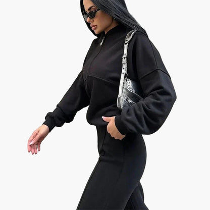 Damers Loungewear Set med Vid Passform – Avslappnad Träningsdräkt med Dragkedja och Vida Byxor
