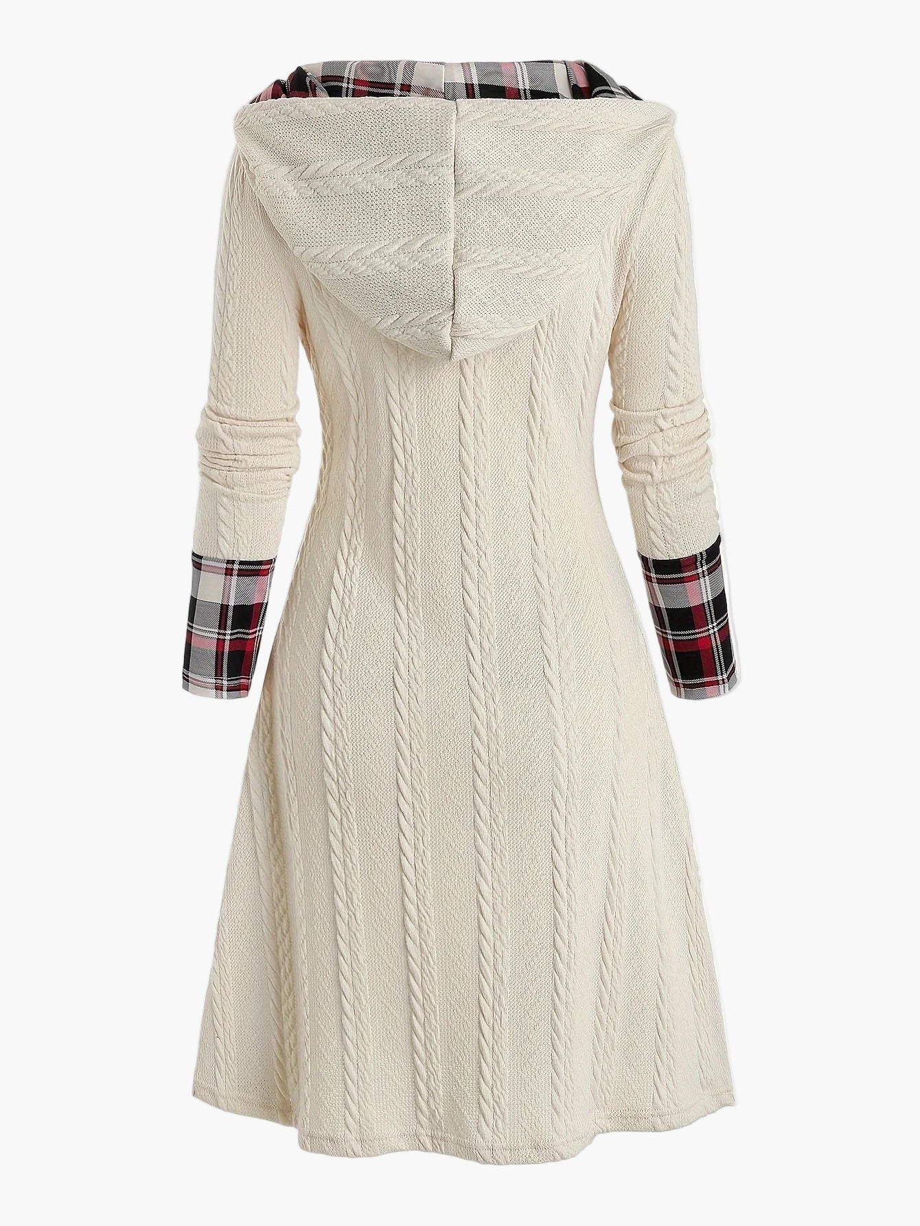 Damklänning med huva och knappdetaljer – Vintage stickad klänning med rutigt mönster, perfekt för höst och vinter